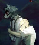 anthro blood bodily_fluids countershading duo hug hugging_another hugging_from_behind male tears text nerton beastars jack_(beastars) legoshi_(beastars) bird_dog canid canine canis domestic_dog hunting_dog labrador mammal retriever wolf absurd_res hi_res url