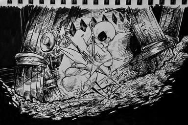 2_horns action_pose ambiguous_gender attack battle biped black_arms black_eyes black_legs cloak clothing detailed_background duo gameplay_mechanics gui health_bar holding_melee_weapon holding_object holding_weapon horn melee_weapon pose weapon white_eyes sharpski hollow_knight:_silksong hollow_knight_(franchise) inktober team_cherry hornet_(hollow_knight) lace_(hollow_knight:_silksong) arthropod 2025 absurd_res hi_res monochrome traditional_media_(artwork) female_(lore)