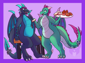 2_horns 3_claws 3_toes 4_claws 4_fingers accessory anthro back_wings belly bench biped blue_body blue_countershading blue_eyes blue_membrane blue_scales blue_wings border claws countershade_scales countershade_tail countershade_torso countershading cupcake curvy_figure dessert digitigrade doughnut duo eye_contact fangs featureless_chest featureless_crotch feederism feeding feet female female_anthro finger_claws fingers folded_wings food frill_(anatomy) furgonomics green_body green_scales holding_food holding_object holding_plate horn intraspecies jewelry kerchief looking_at_another looking_at_partner male male/female male_anthro membrane_(anatomy) membranous_wings mostly_nude mostly_nude_anthro mostly_nude_female mostly_nude_male nose_spike on_bench open_mouth open_smile pastry pink_spikes pink_tongue plate purple_border purple_frill purple_kerchief red_mouth ring scales scaly_tail sitting sitting_on_bench slightly_chubby slightly_chubby_anthro slightly_chubby_female slightly_chubby_male smile smiling_at_another smiling_at_partner snout spiked_tailband spikes spikes_(anatomy) sprinkles tail tail_accessory tail_jewelry tail_ring tailband teal_claws teal_horn teal_spikes teeth toe_claws toes tongue ventral_scales voluptuous voluptuous_anthro voluptuous_female white_body white_claws white_countershading white_horn wings strawberrymilkdog european_mythology mythology jaky_(jakbunny) quarian_(jakbunny) dragon mythological_creature mythological_scalie scalie western_dragon 2022 colored hi_res shaded watermark