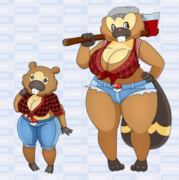 3_toes 4_fingers anthro axe big_breasts black_eyes bottomwear breasts brown_body buckteeth clothing duo feet female fingers hat headgear headwear huge_breasts pants pokeball pokemorph shirt shorts standard_pokeball tail teeth toes topwear urusee584 nintendo pokemon bibarel bidoof generation_4_pokemon pokemon_(species) hi_res