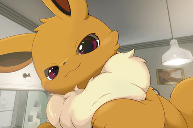 :3 ambiguous_gender brown_body brown_fur ceiling_lamp feral fur inside kemono lamp looking_at_viewer neck_tuft solo tuft hirochanu nintendo pokemon eevee generation_1_pokemon pokemon_(species) 2026 3:2 hi_res