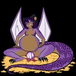 big_tail claws coin egg egg_from_pussy female gold_(metal) gold_coin hair horn jewelry no_navel nude oviposition pregnant purple_body purple_hair purple_scales scales solo tail wings sogravid mythology dragon humanoid mythological_creature mythological_scalie scalie 1:1 alpha_channel hi_res