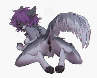 4_toes anthro anus back_tuft black_anus black_eyebrows black_nipples black_nose black_pawpads black_sclera black_vulva breasts claws ears_back eyebrows feet female fur genitals glistening glistening_eyes grey_body grey_ears grey_fur grey_tail hair leg_tuft logo looking_pleasured nipples pawpads perineum pink_eyes pivoted_ears purple_hair rear_view simple_background solo tail toe_claws toes tuft vulva white_background lostgoose missy_(lostgoose) domestic_cat felid feline felis mammal 2021 artist_logo dated