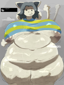 anthro areola belly big_belly big_breasts breasts brown_areola brown_nipples clothing exclamation_point female gesture grey_hair hair huge_breasts huge_hips huge_thighs looking_at_viewer nipple_slip nipples obese obese_anthro obese_female open_mouth overweight overweight_anthro overweight_female shirt solo tan_body text thick_thighs topwear waving waving_at_viewer wide_hips adawndraws undertale undertale_(series) temmie_(undertale) mammal tem 3:4 absurd_res english_text hi_res