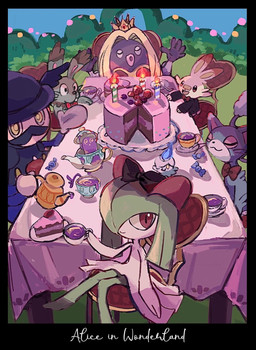 ambiguous_gender anthro blue_fire bow_tie buckteeth cake candle candy chair clothing colored_fire cutlery dessert eyes_closed female feral fire food fur furniture grass green_pseudo_hair grey_body grey_fur group hat headgear headwear hedge kitchen_utensils looking_at_viewer one_eye_obstructed open_mouth paws pink_eyes plant plate pseudo_hair rare_candy shrub sitting smile smiling_at_viewer spoon tea_party teapot teeth text tongue tools whiskers white_body yellow_eyes 1south3927 alice_in_wonderland nintendo pokemon animate_inanimate bunnelby felid feline generation_1_pokemon generation_3_pokemon generation_4_pokemon generation_5_pokemon generation_6_pokemon generation_8_pokemon glameow humanoid jynx kirlia lagomorph litwick mammal mr._rime pokemon_(species) polteageist scorbunny sinistea 2021 english_text hi_res