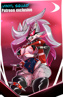 abstract_background anthro areola areola_slip big_breasts bikini bikini_top black_nose breasts clothing collar ear_piercing eyewear female fingerless_gloves fishnet_clothing fishnet_legwear fur gloves grey_body grey_fur grey_hair hair handwear hoodie inner_ear_fluff legband legwear long_hair open_mouth piercing solo spiked_collar spiked_legband spiked_thighband spikes sunglasses swimwear teeth text thick_thighs thigh_highs thighband tongue tongue_out topwear tuft two-piece_swimsuit wearing_sunglasses white_body white_fur vinyl_squad hellaverse helluva_boss mythology loona_(helluva_boss) canid canid_demon canine demon hellhound mammal mythological_canine mythological_creature 2026 artist_name