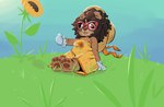 anthro brown_hair clothing day dress eyewear female flower gesture glasses gloves grass hair hand_gesture handwear looking_at_viewer outside pawpads plant plushie red_eyewear red_glasses seam_(sewing) sitting smile solo sunflower thumbs_up tongue tongue_out yellow_clothing yellow_dress cinnamimi samantha_(cinnamimi) animate_inanimate bear living_plushie mammal 2024 digital_media_(artwork) hi_res