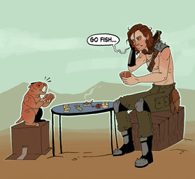 ambiguous_gender ashtray boots bottomwear box brown_hair card cardboard cardboard_box clothed clothing container crate duo feral footwear furniture gambling green_bottomwear green_clothing green_pants hair knee_pads male male_human mastectomy_scar new_vegas not_furry outside pants playing_card playing_card_game playing_game scar shoes shoulder_armor speech_bubble table text topless topless_human topless_male han_(artist) fallout microsoft fan_character snuffles_(fallout) sue_(lord-vermin) human mammal mole_rat_(fallout) english_text hi_res trans_(lore) trans_man_(lore)