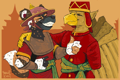 anthro beak clothed clothed_anthro clothed_male clothing duo ears_back ears_up eyebrows eyes_closed feathers fur hat headgear headwear male male/male pivoted_ears tail tail_feathers teeth teeth_showing wearing_hat mawkvlt 3:2 hi_res