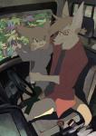 ambiguous_gender anthro bottomwear brown_eyes brown_hair clothing day detailed_background duo eyewear fluffy fluffy_tail fur glasses hair inside looking_back male pants ponytail shirt sitting sweater tail tan_body tan_fur topwear young young_ambiguous young_anthro taracod canid canine mammal 2018 hi_res