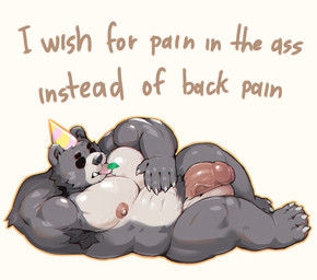 4_toes 5_fingers anthro balls barazoku big_balls big_muscles big_pecs big_penis blep clothing eyes_close feet fingers genitals happy_birthday hat headgear headwear humanoid_genitalia humanoid_penis male musclegut muscular muscular_anthro muscular_male nipples nude nude_anthro nude_male party_hat pecs penis simple_background solo text thick_penis toes tongue tongue_out vein punktoso punk_(punktoso) bear mammal digital_media_(artwork) english_text hi_res