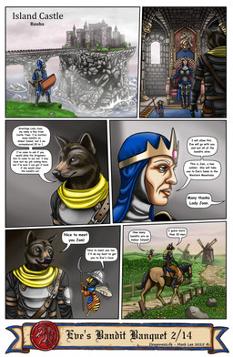 anthro border bridge castle dialogue female field group knight male melee_weapon polearm queen rock royalty shield spear text warrior weapon white_border windmill markie jam_(markie) joan_(markie) roy_(markie) arthropod bee canid canine equid equine horse human humanoid hymenopteran insect mammal comic english_text hi_res