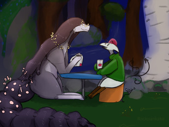 anthro beverage braided_hair braided_ponytail clothed clothing container cup dialogue drinking_tea duo female feral forest forest_background furniture grey_body hair holding_object long_hair male male/female nature nature_background open_mouth outside plant ponytail sitting smile tail tea text tree white_body rockpankake artfight2025 roi_(rockpankake) equid equine mammal 2025 4:3 digital_media_(artwork) english_text hi_res