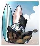 5_fingers acoustic_guitar aloha_shirt anthro arm_tuft beach beak black_body black_fur border cheek_tuft clothed clothing cloud collared_shirt day dress_shirt elbow_tuft eyes_closed facial_tuft fingers footwear front_view fully_clothed fur guitar male musical_instrument outside pattern_clothing pattern_shirt pattern_topwear playing_guitar playing_music plucked_string_instrument shirt shoes sitting string_instrument surfboard topwear tuft white_border white_clothing white_dress_shirt white_footwear white_shirt white_shoes white_topwear phosphoruscrow ryze_(phosphoruscrow) avian bird corvid corvus_(genus) crow oscine passerine 2023 digital_media_(artwork) full-length_portrait hi_res portrait shaded signature soft_shading watermark