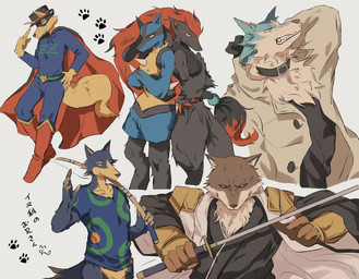 anthro blue_body blue_fur brown_body brown_fur clothed clothing collar fishing_rod fur group headgear headwear male melee_weapon simple_background sword weapon sski_0 animal_crossing bleach_(series) brand_new_animal kaiketsu_zorori nintendo pokemon studio_trigger sajin_komamura shirou_ogami wolfgang_(animal_crossing) zorori canid canine canis fox generation_4_pokemon generation_5_pokemon lucario mammal pokemon_(species) wolf zoroark 2021 crossover hi_res