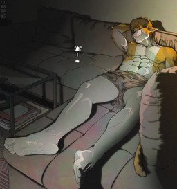 abs anthro bulge computer detailed_bulge electronics feet furniture genital_outline hand_behind_head male muscular muscular_male penis_outline relaxing smile sofa solo decisive_desire fionnthecat domestic_cat felid feline felis mammal hi_res