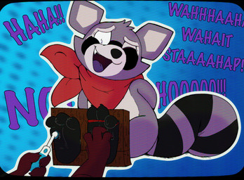 3_toes anthro black_body black_fur black_nose brush cheek_tuft dialogue duo electric_toothbrush facial_tuft feet foot_fetish fur hands_behind_back head_tuft holding_brush holding_object holding_toothbrush kerchief laugh male markings multicolored_body multicolored_fur neckerchief neckwear one_eye_closed open_mouth open_smile purple_body purple_fur purple_tongue red_kerchief red_neckerchief restrained restraints sitting smile soles solo_focus stocks striped_markings striped_tail stripes tail tail_markings tickle_fetish tickle_torture tickling tickling_feet toe_restraints toes tongue toothbrush tuft vhs_filter white_body white_fur white_inner_ear azazelbun indigo_park rambley_raccoon mammal procyonid raccoon hi_res