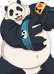 anthro belly biped black_body black_nose heart_symbol humanoid_hands kemono navel overweight solo text white_body shirokumaou jujutsu_kaisen panda_(jujutsu_kaisen) bear giant_panda mammal 2021 hi_res