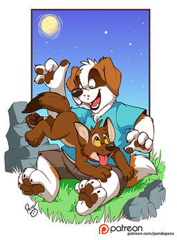 anthro blue_clothing blue_shirt blue_t-shirt blue_topwear bottomwear brown_body brown_bottomwear brown_clothing brown_eyes brown_fur brown_pants brown_pawpads brown_tail clothing dipstick_tail duo fangs floppy_ears fur grass logo male male_anthro markings moon nude open_mouth open_smile outside pants pawpads plant red_tongue rock shirt sitting smile star t-shirt tail tail_markings teeth tongue tongue_out topwear white_body white_fur white_tail yellow_eyes pandapaco canid canine canis domestic_dog mammal artist_logo signature