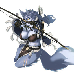 5_fingers amber_eyes anthro archer arrow_(weapon) big_breasts blue_body blue_fur bottomwear bow_(weapon) bra breasts cleavage clothed clothing countershading female fingerless_gloves fingers fur gloves grey_inner_ear handwear holding_melee_weapon holding_object holding_sword holding_weapon loincloth looking_at_viewer mantle melee_weapon midriff multicolored_body multicolored_fur navel nipple_outline quiver_(object) ranged_weapon scabbard sheathed_weapon simple_background solo sword tribal two_tone_body two_tone_fur underwear weapon white_background white_body white_fur cervina7 cervina canid canine canis mammal wolf 2018 hi_res