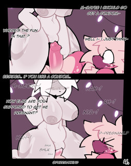 anthro big_breasts blush bodily_fluids body_blush breasts cowgirl_position dialogue duo female from_front_position fur fur_markings genital_fluids genitals impregnation_request inner_monologue male male/female markings meow nipples on_bottom on_top penetration penis pink_body pink_fur pink_penis sex shadowed_eyes shallow_penetration spread_legs spreading tan_body tan_fur text thinking vaginal vaginal_fluids vaginal_penetration vulva vulva_blush white_body white_fur purrmaxxing ashe_(purrmaxxing) glue_(purrmaxxing) domestic_cat felid feline felis mammal comic english_text hi_res
