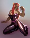 anthro breasts chastity_cage chastity_device clothing glistening glistening_clothing hair herm intersex key kneeling latex lock looking_at_viewer red_hair solo tight_clothing free-opium locktober opal_(jellydoeopal) bear mammal sun_bear ursine 2023 hi_res