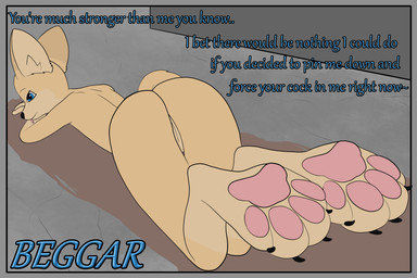 alley anthro bedding big_ears black_claws blanket blep blue_eyes border butt claws dialogue feet female foot_focus fur genitals glint grey_border inner_ear_fluff loli looking_at_viewer looking_back looking_back_at_viewer lying nude on_front on_ground pawpads paws pink_pawpads presenting presenting_hindquarters presenting_vulva rape_play solo suggestive_dialogue tail tail_aside tan_body tan_fur text toe_claws tongue tongue_out tuft vulva young young_female coffeekit beggar_(coffeekit) canid canine fennec_fox fox mammal true_fox 3:2 english_text hi_res