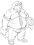 anthro belly big_belly bottomwear clothing humanoid_hands kemono male moobs necktie overweight overweight_male pants shirt simple_background solo topwear yamakake canid canine canis domestic_dog mammal 2022 monochrome