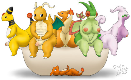 anthro anus areola bathtub black_eyes blue_eyes bodily_fluids breasts brown_eyes butt female genitals green_body green_eyes group holding_penis humanoid_genitalia humanoid_penis looking_down lying male male/female male/male multicolored_body nipples nude on_back orange_body penis pink_areola pink_nipples pokemorph purple_body red_body red_eyes simple_background sitting sitting_on_bathtub sweat tail tan_body two_tone_body vulva white_background wings x-ray_view yellow_body drain_scat mythology nintendo pokemon ampharos charizard charmeleon dragon dragonite flygon generation_1_pokemon generation_2_pokemon generation_3_pokemon generation_6_pokemon goodra mythological_creature mythological_scalie pokemon_(species) reptile scalie hi_res