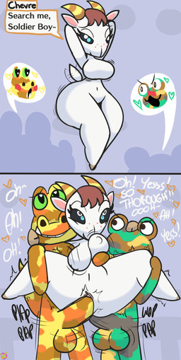 ahegao anthro balls bedroom_eyes big_balls big_breasts big_penis bouncing_breasts breast_grab breasts carrying_another carrying_partner curvy_figure double_penetration erect_nipples featureless_breasts female genitals group half-closed_eyes hand_on_breast hands_behind_head heart_eyes heart_symbol hourglass_figure humanoid_genitalia humanoid_penis inviting looking_at_viewer looking_pleasured male male/female narrowed_eyes nipples nude penetration penis seductive size_difference small_but_hung tail tail_motion tailwag text thick_thighs trio vaginal vaginal_penetration wide_hips klutzatdusk animal_crossing instant_loss_2koma nintendo camofrog_(animal_crossing) chevre_(animal_crossing) sly_(animal_crossing) alligator alligatorid amphibian bovid caprine crocodilian frog goat mammal reptile scalie digital_media_(artwork) english_text hi_res