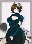 anthro arm_under_breasts big_breasts blue_eyes bottomwear breasts brown_hair cleavage_cutout clothed clothing cutout female fluffy fluffy_tail fully_clothed fur grey_body grey_fur hair pants simple_background smile solo standing sweater tail tight_clothing topwear turtleneck wide_hips hiddenwolf felid mammal pantherine snow_leopard hi_res