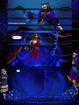 anthro blindfold blue_clothing casting_spell clothing dialogue duo female magic male multicolored_body nipples portal text two_tone_body tyunre nafisa_vharr_antrelys bovid canid caprine mammal 3:4 comic english_text hi_res