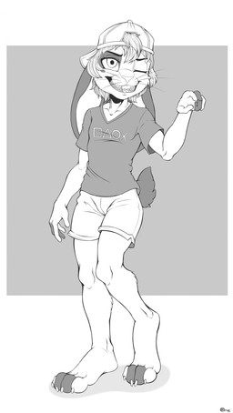 4_toes anthro armor backwards_baseball_cap backwards_hat barefoot baseball_cap bottomwear bracers buckteeth claws clenched_teeth clothed clothing feet female fur hair hat headgear headwear one_eye_closed paws plantigrade playstation_button_symbol scut_tail shirt short_tail shorts smile solo standing tail teeth toe_claws toes topwear whiskers wink jimfoxx sid_(marcushunter) lagomorph leporid mammal rabbit 2025 absurd_res hi_res signature