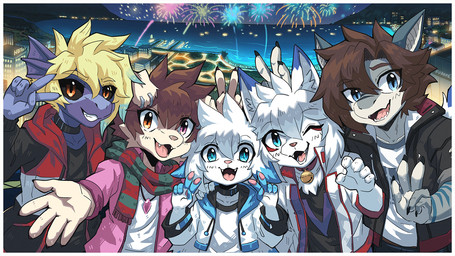 5_fingers anthro blonde_hair brown_hair clothed clothing eyebrows fingers fireworks group hair kemono male one_eye_closed open_mouth open_smile smile white_hair penguinexperience mythology aiden_(penguinexperience) ladon_(character) aquatic canid canine canis domestic_dog dragon fish fox mammal mythological_creature mythological_scalie scalie shark 16:9 hi_res widescreen