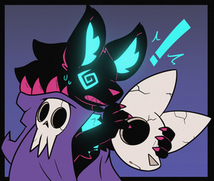 ambiguous_gender anthro black_body black_fur bodily_fluids clenched_teeth clothed clothed_anthro clothing exclamation_point fur inner_ear_fluff mask mask_off sharp_teeth solo spiral spiral_eyes sweat sweatdrop teeth tuft jaybat11 hallow_(jaybat11) ghost mammal spirit 2024 digital_drawing_(artwork) digital_media_(artwork) english_description hi_res