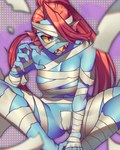 blue_body blue_skin breasts colored_fingernails colored_nails female fingernails hair mummy_costume mummy_wrappings nails navel red_hair sitting solo spread_legs spreading yellow_sclera pugthe2ro undertale undertale_(series) undyne animal_humanoid fish fish_humanoid humanoid marine marine_humanoid 4:5 hi_res