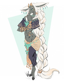 anthro black_sclera bottomwear bracelet braided_hair chin_tuft clothing crop_top curved_horn ear_piercing facial_tuft fur gold_(metal) gold_bracelet gold_jewelry grey_body grey_fur hair half-closed_eyes hooves horn jewelry loincloth long_hair male narrowed_eyes pants piercing ring shirt simple_background solo topwear tuft white_hair dullvivid nintendo tears_of_the_kingdom the_legend_of_zelda rauru_(tears_of_the_kingdom) zonai hi_res