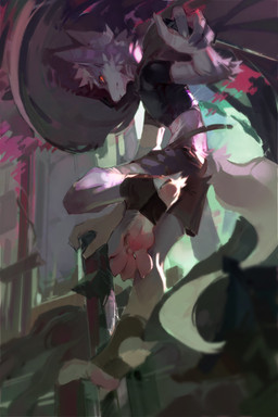 4_toes action_pose anthro arm_tuft black_clothing black_topwear bottomwear cheek_tuft claws clothed clothing dagger elbow_tuft facial_tuft feet finger_claws footwear fur glistening glistening_eyes head_tuft holding_dagger holding_melee_weapon holding_object holding_weapon male melee_weapon mouth_closed pants pawpads paws pink_pawpads pose purple_body purple_ears purple_fur red_eyes side_view soles solo stirrup_footwear toe_claws toeless_footwear toes topwear tuft weapon white_body white_fur carbonizedaki canid canine canis mammal wolf hi_res
