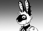 anthro bodypaint ear_piercing face_paint female gradient_background industrial_piercing piercing simple_background solo hladilnik fallout microsoft janice_(hladilnik) raider_(fallout) lagomorph leporid mammal rabbit 2023 black_and_white hi_res monochrome