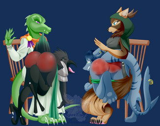 anthro blue_eyes bodily_fluids bottomwear bottomwear_down butt butt_slap clothed clothing corporal_punishment crying female footprint group hand_print male on_lap pants pants_down partially_clothed pawprint punishment reddened_butt slap spanked_butt spanking tears sugarcraft_productions aquatic avian bird canid canine canis corvid corvus_(genus) crow fish lizard mammal oscine passerine reptile scalie wolf alpha_channel