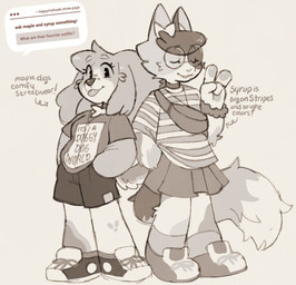 anthro ask_blog bottomwear chest_tuft clothed clothed_anthro clothed_female clothed_male clothing collar costume countershading crossdressing duo eyelashes eyewear female female_anthro femboy fluffy fluffy_tail footwear fur gesture glasses hand_gesture inner_ear_fluff male male/female male_anthro pattern_clothing pattern_shirt pattern_topwear shirt shoes shorts skirt standing streetwear striped_clothing striped_shirt striped_topwear stripes t-shirt tail text topwear tuft v_sign puppeypawbs maple_(puppeypawbs) syrup_(puppeypawbs) bird_dog calico_cat canid canine canis domestic_cat domestic_dog felid feline felis hunting_dog mammal spaniel 2025 english_text greyscale hi_res monochrome sketch