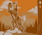 anthro clothed clothing cloud color_swatch detailed_background fully_clothed male outside plant rock sky solo tree theblueberrycarrots lucas_(manedwolf) canid canine mammal maned_wolf hi_res restricted_palette