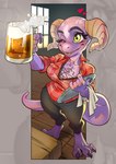 alcohol anthro bald barefoot barmaid beer beer_mug beverage bottomwear breasts clothed clothing eyebrows feet female floor green_eyes heart_symbol horn markings non-mammal_breasts one_eye_closed pants planks purple_body purple_scales scales shirt solo tail teasing topwear window wink wood wood_floor ayemev kobold scalie