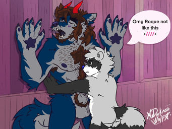against_surface against_wall animal_genitalia balls body_hair canine_genitalia chest_hair dominant dominant_male duo genitals kabedon male male/male sheath size_difference small_top_big_bottom text mrdarknesswolf mythology mrdarknesswolf_(character) roquemapache canid canine canis demon hybrid mammal mythological_canine mythological_creature procyonid raccoon werecanid werecanine werecreature werewolf wolf 4:3 english_text hi_res
