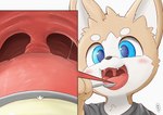 ambiguous_gender anthro blush clothed clothing duo extreme_size_difference food hair imminent_vore larger_young male mouth_shot open_mouth oral_vore size_difference smile solo_focus teeth tongue uvula vore young young_anthro young_pred isamatu canid canine canis domestic_dog mammal