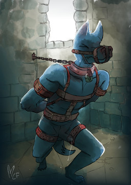 anthro bdsm belt bodily_fluids bondage bound chain chained chained_to_wall collar cuffs_(object) cum dungeon erection genital_fluids genitals hands_behind_back harness leaking_cum leaking_precum leather leather_harness male muzzle_(object) penis precum solo straps collarful bat mammal absurd_res hi_res