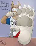 anthro feet foot_focus football_player hindpaw male mascot musk pawpads paws russia smell smelly smelly_feet solo erwill fifa zabivaka canid canine canis mammal wolf hi_res