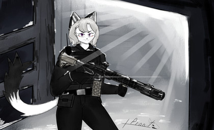 clothing female fur gun military_uniform ranged_weapon uniform weapon white_body white_fur plus_proot kloe_(kloe_mone) mammal mustelid musteline stoat true_musteline weasel absurd_res hi_res