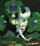 amaterasu_(okami) ambiguous_gender anthro anthrofied askart big_breasts black_sclera breasts canid canine canis capcom caught claws clover_studio dagger duo elemental_creature feet female flora_fauna fur fur_markings hanging_breasts hi_res licking mammal markings melee_weapon nude okami_(capcom) pawpads paws plant restrained restrained_by_tentacles soles suspension tentacles toe_claws toes tongue tongue_out vine_bondage weapon white_body white_fur wolf