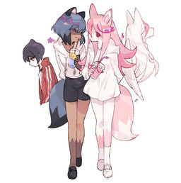 5_fingers anthro bendy_straw beverage black_bottomwear black_clothing black_eyes black_footwear black_hair black_shoes black_shorts blue_hair bottomwear brown_body brown_fur clothed clothing drinking_straw eye_contact eyes_closed female fingers footwear fully_clothed fur group hair highlights_(coloring) hoodie kemono long_hair looking_at_another pink_body pink_fur pink_hair pink_highlights red_eyes shoes shorts simple_background smile snout standing topwear tracksuit walking white_background white_body white_clothing white_footwear white_fur white_hair white_shoes u_emper brand_new_animal studio_trigger michiru_kagemori nazuna_hiwatashi canid canine canis fox human mammal raccoon_dog tanuki wolf 2020